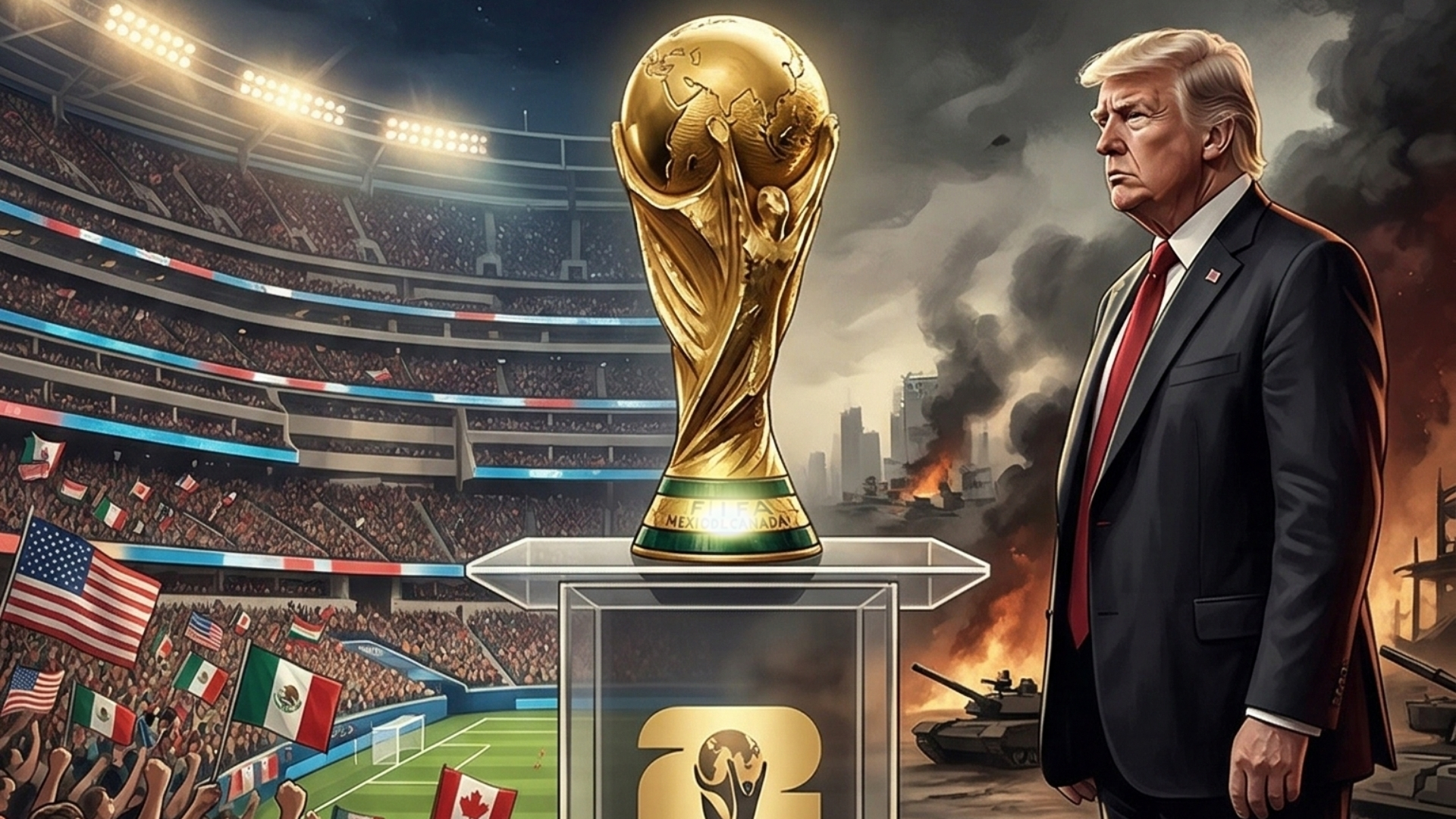 Copa do Mundo 2026: futebol, segurança e política. Imagem gerada por IA.