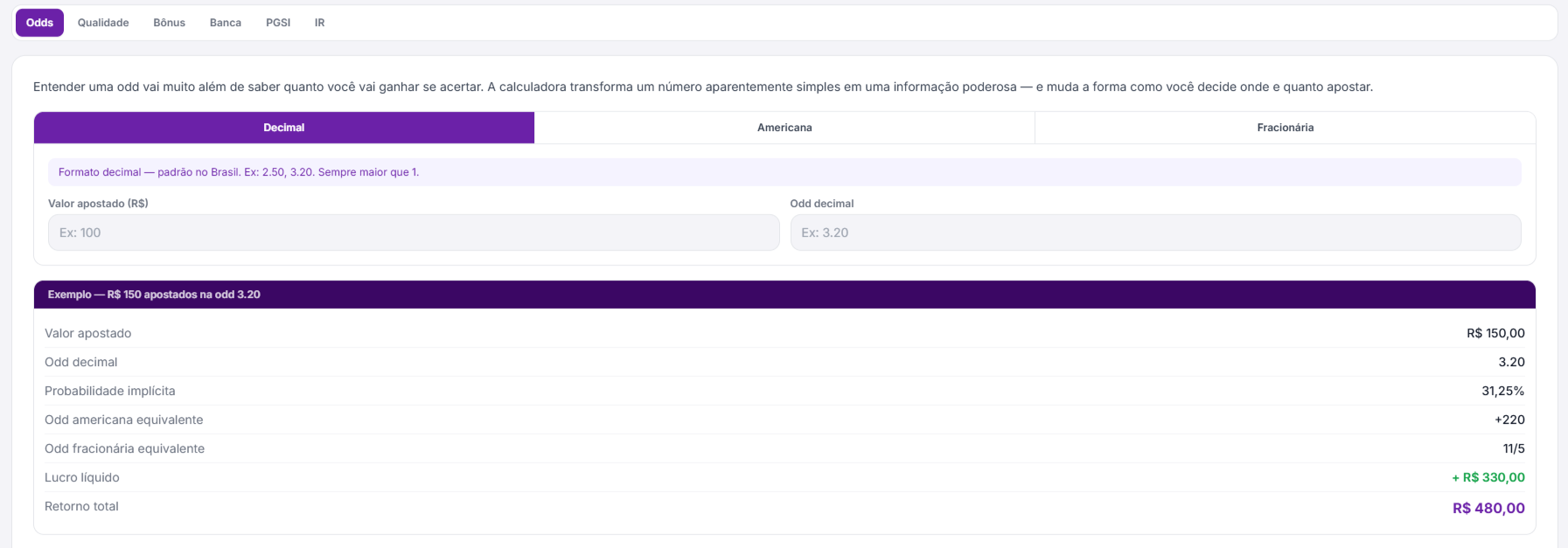 Comparação de odds da plataforma
