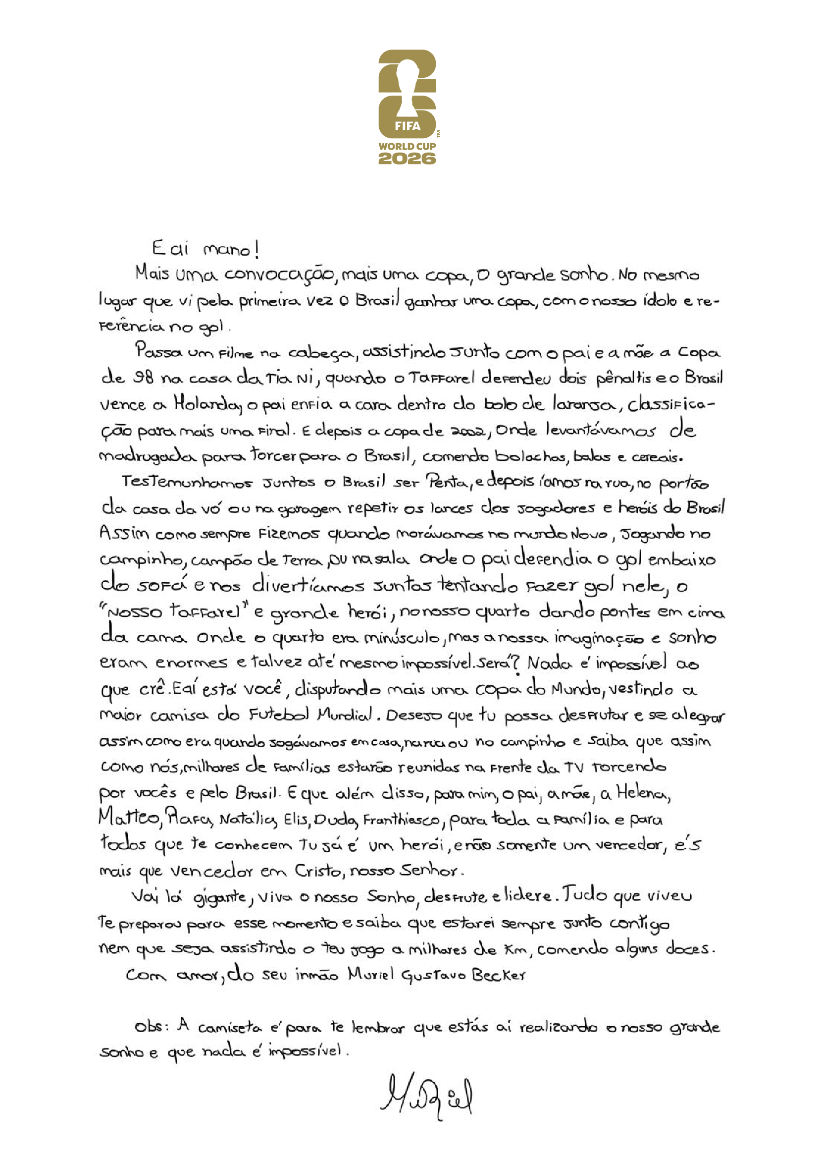 Carta para Alisson Becker. Foto: Divulgação/FIFA